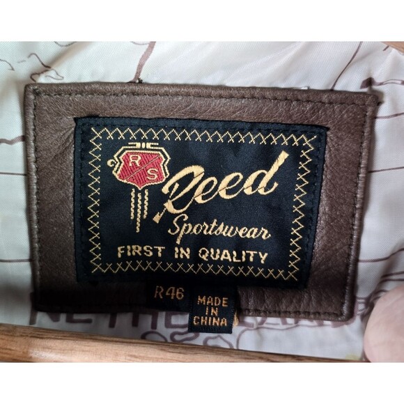 Reed Sportswear Men Leather Coat R46 XL Brown Bomber Map Lining Deep Pockets Y2K - Picture 3 of 16